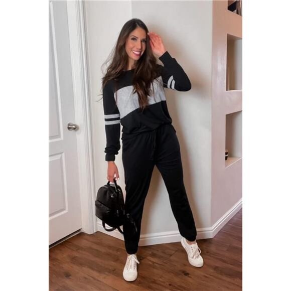 Women's Color Block 2-Piece Tracksuit: Crewneck Long Sleeve Top & Sweatpants - Picture 3 of 7